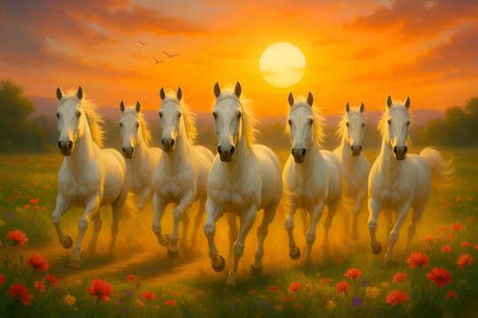 Seven White Horses Running at Sunset in Flower Field Fantasy Digital Art