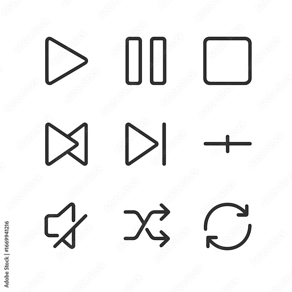 Poster streaming controls icons. outline icon set of streaming controls: play button, pause symbol, stop sq