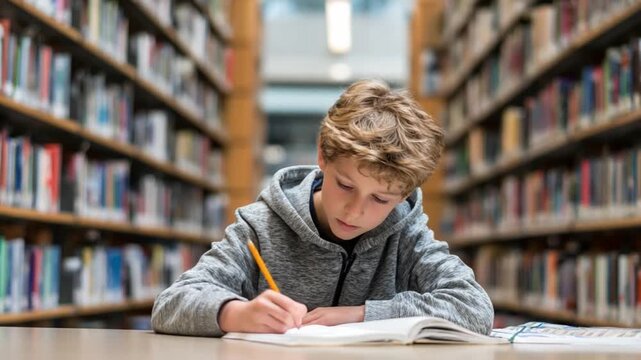 Young Scholar in the Library: A studious young scholar concentrates on his writing, seated at a table within a grand library. The scene evokes a sense of intellectual curiosity and focus.