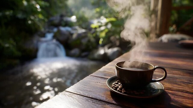 Coffee by the Waterfall: A steaming cup of coffee sits invitingly on a wooden surface, with the tranquil sounds of a cascading waterfall and lush greenery providing a serene backdrop.
