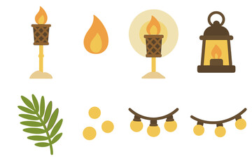 Tiki Torch Icons Grid. Flat vector mini-illustrations Tiki torch pathway lighting in colors children's illustrations: tiki torch,
