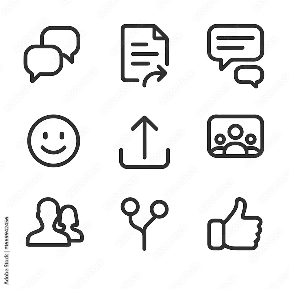 Poster user content icons. outline icon set of user-generated content collaboration: group discussion bubbl