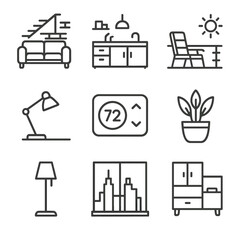 Urban Interior Icon Set. Outline icon set of urban residential interiors: loft apartment sofa, studio kitchen island, rooftop © Svitlana
