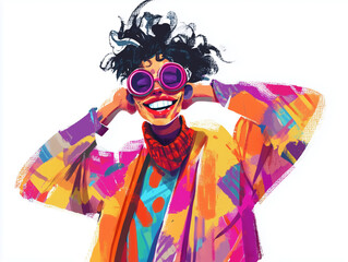 Obraz premium Joyful woman wearing colorful outfit and sunglasses with cheerful expression 
