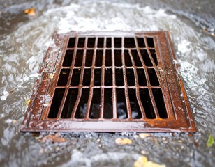 Storm drain overflowing during street flood
