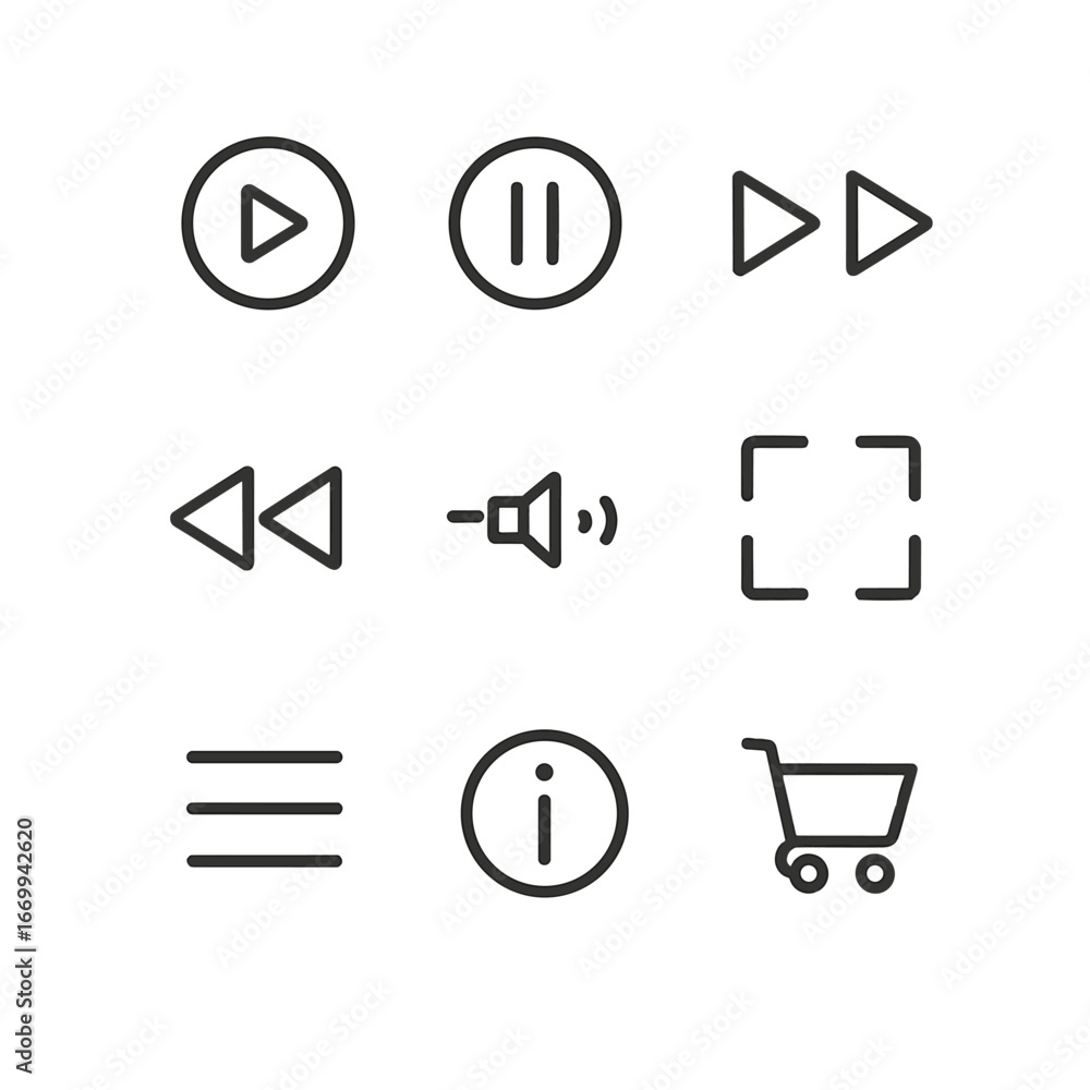 Poster video controls icon set. outline icon set of video commerce controls: play button, pause button, ski