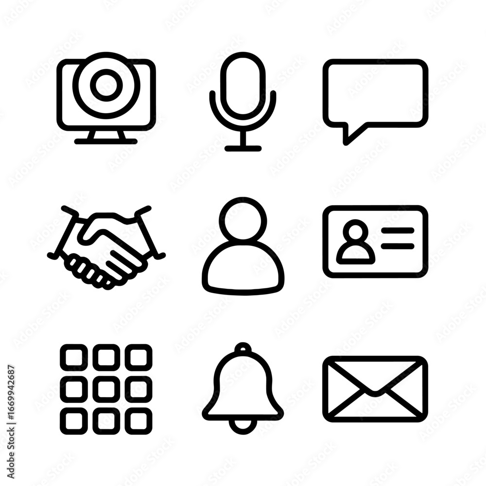 Poster virtual networking icons. outline icon set of virtual networking events: webcam, microphone, chat bu