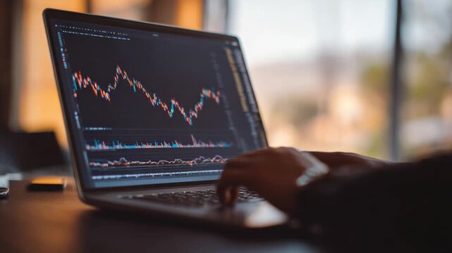 Trading Analytics: Focused on the rapid rhythm of digital trading with a sleek laptop display showcasing live charts