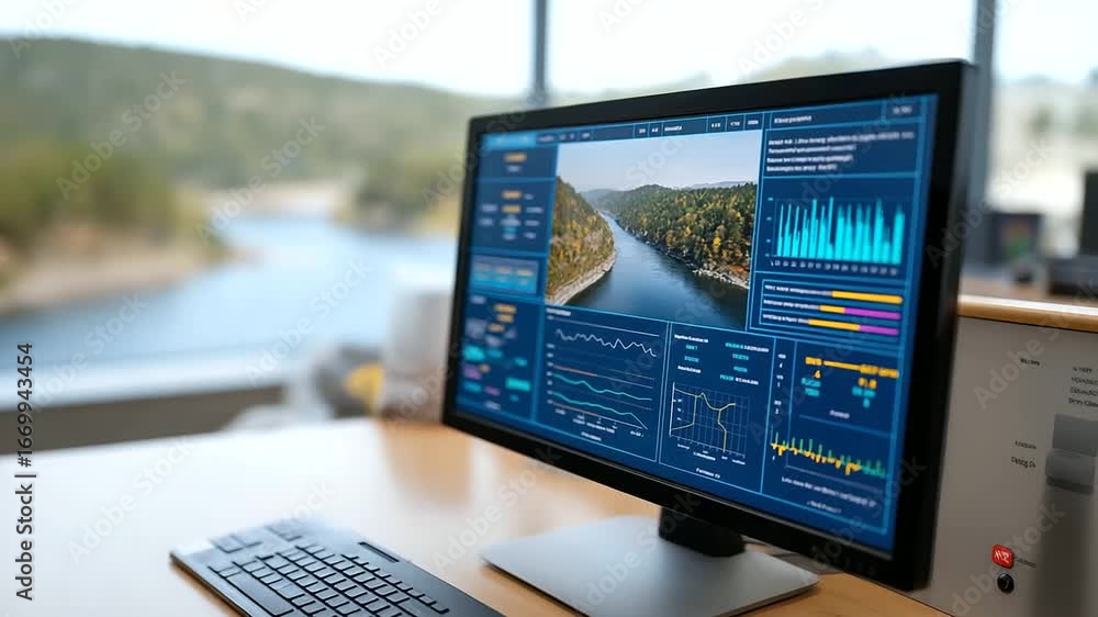 Poster dynamic dashboard showcasing real-time hydro optimization for effective water management, representi