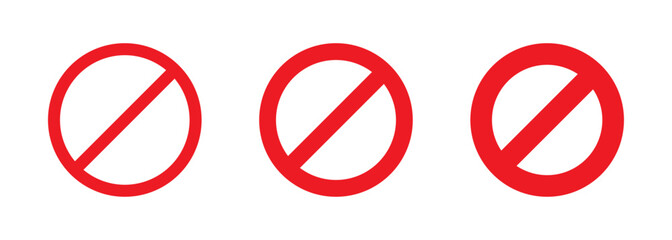 Red forbidding symbol set. Prohibition, forbidden icons. Vector illustration. Editable stroke. Flat design. Isolated on a white background.