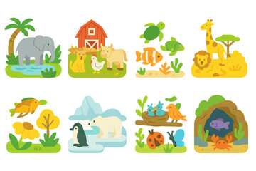 Fototapeta premium Animal Habitats Grid. Flat vector mini-illustrations animal scenes in colors children's illustrations: jungle watering hole,