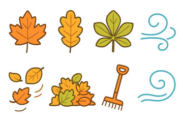 Autumn Leaves Illustration. Flat vector mini-illustrations falling leaves in colors children's illustrations: maple leaf, oak leaf