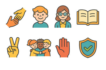 Fototapeta premium Bullying Prevention Icons. Flat vector mini-illustrations bullying prevention in colors children's illustrations: helping hand,