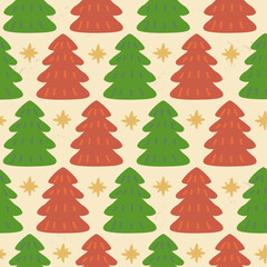 Christmas seamless pattern, colored in red, green and gold, christmas tree and star.