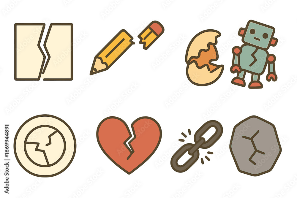 Poster children's broken objects. flat vector mini-illustrations broken objects in colors children's illust