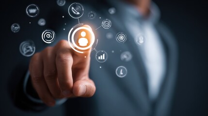 Fototapeta premium Digital Interaction & Innovative Networking: An expert's finger interacts with an array of digital icons, evoking a high-tech, photorealistic visualization of the connected world.