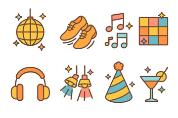 Children's Dance Party. Flat vector mini-illustrations dance party in colors children's illustrations: disco ball, dancing shoes,