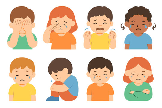 Children's Crying Icons. Flat vector mini-illustrations crying gestures in colors children's illustrations: hands covering face,