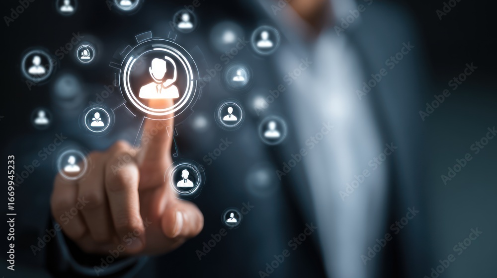 Poster digital networking: a hand in a suit, representing a figure, activates a futuristic digital interfac