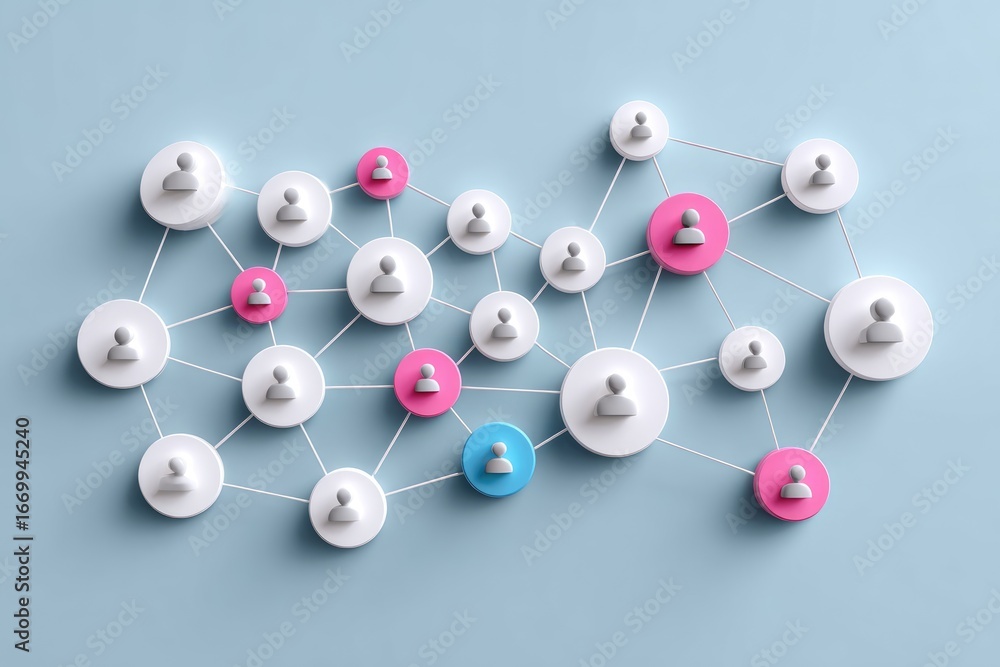 Poster an abstract representation of a social network, showcasing interconnected figures in a vibrant color