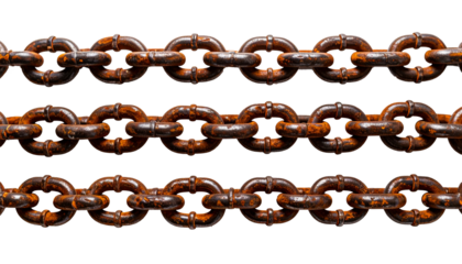 Three rusty, weathered metal chains are arranged horizontally against a transparent background.