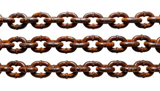 Three rusty, weathered metal chains are arranged horizontally against a transparent background.