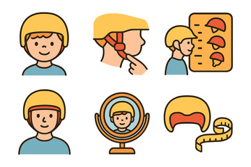 Fototapeta premium Children's Helmet Safety Icons. Flat vector mini-illustrations helmet fit test in colors children's illustrations: helmet on head,