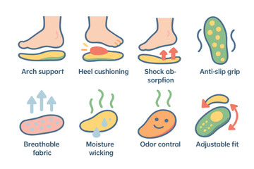 Children's Insole Features. Flat vector mini-illustrations insole features in colors children's illustrations: arch support, heel