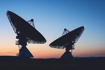 Two large radio telescopes silhouetted against a vibrant sunset sky (1)