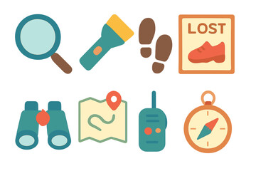 Children's Search Tools. Flat vector mini-illustrations shoe search tools in colors children's illustrations: magnifying glass,