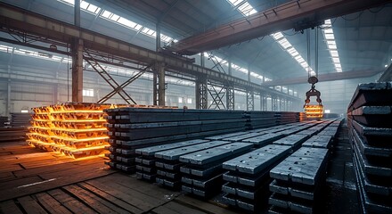 A large industrial warehouse filled with stacked metal plates, with a crane lifting a glowing, hot metal plate.