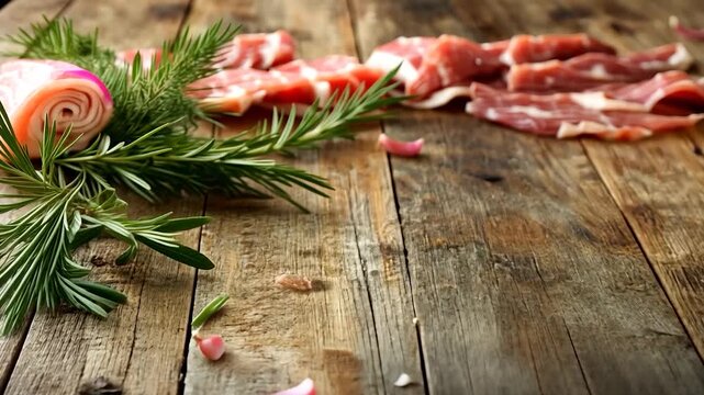 Wooden table with cured meat, herbs, and garlic