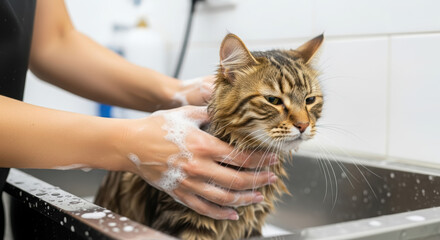 Domestic cat being bathed in a sink, with soapy water and gentle hands, showcasing the grooming process and care for pets in a clean environment