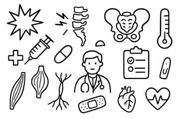 Coccyx Pain Essentials. Hand-drawn doodle illustration coccyx tailbone pain pain symbol, coccyx, pelvis, syringe, pill, clipboard,