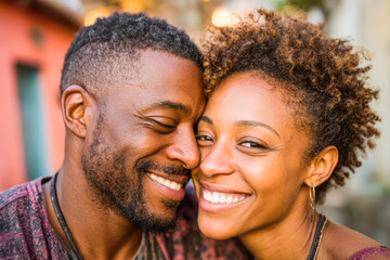 Happy couple smiling together in a warm outdoor setting with soft lighting and vibrant colors