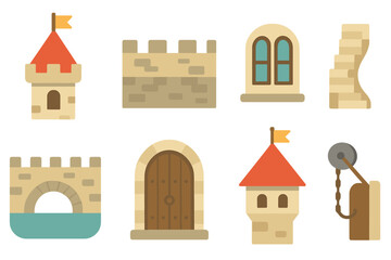 Colorful Castle Icons. Flat vector mini-illustrations castle architecture in colors children's illustrations: turrets, stone walls