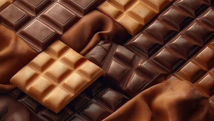 Obraz premium A close-up view of various chocolate bars, showcasing rich brown and light beige hues, arranged in an overlapping pattern, creating a visually appealing and decadent composition.