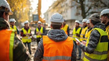 Construction Workers' Meeting: A collaborative team of construction workers gathers outdoors. with safety vests and hard hats, engaged in discussion and planning at the construction site.