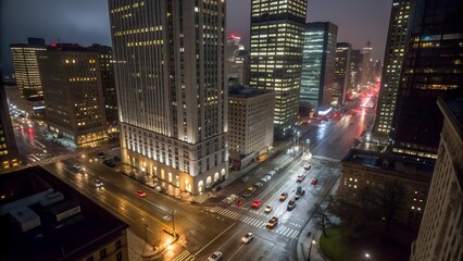 Aerial view of New York downtown building roofs. Bird's eye view from helicopter of cityscape metropolis infrastructure, traffic cars, yellow cabs moving on city streets and crossing district avenues