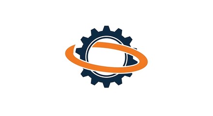 A dark navy gear graphic with an orange orbiting path, representing complex system dynamics and motion.