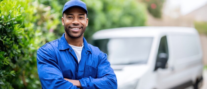 The delivery driver in blue uniform smiling confidently standing next to white service van