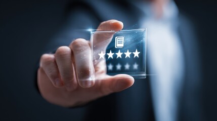 Digital Review: A hand gently presents a transparent digital interface showcasing five-star ratings, symbolizing excellence and positive feedback. The image captures the essence of quality.