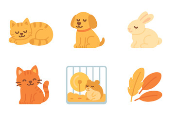 Obraz premium Comfort Pets Icons. Flat vector mini-illustrations comfort pets in colors children's illustrations: sleeping cat, snuggly dog,