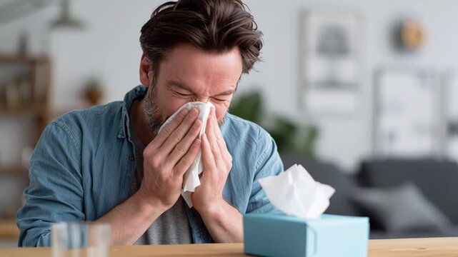 Man sneezing into tissue, sitting indoors.