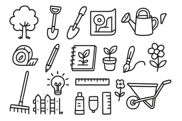 Creative Tools Doodle. Hand-drawn doodle illustration design pencil, ruler, compass, paintbrush, color palette, sketchbook, eraser