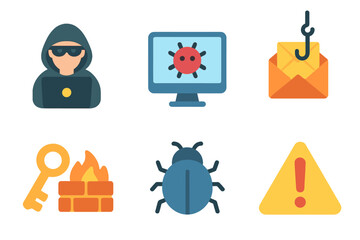 Cybersecurity Icons for Kids. Flat vector mini-illustrations cybercrime in colors children's illustrations: hacker, computer virus