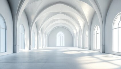 Fototapeta premium Empty, white, arched hall with large windows