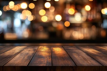 Empty wooden table top, blurred bar scene background