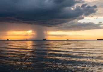 Obraz premium Silhouetted ships on a calm sea, bathed in the golden hues of a dramatic sunset, with stormy clouds overhead.