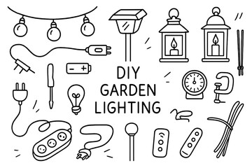 DIY Garden Lighting Icons. Hand-drawn doodle illustration DIY garden lighting string lights, solar lamp, candle lantern, wire,